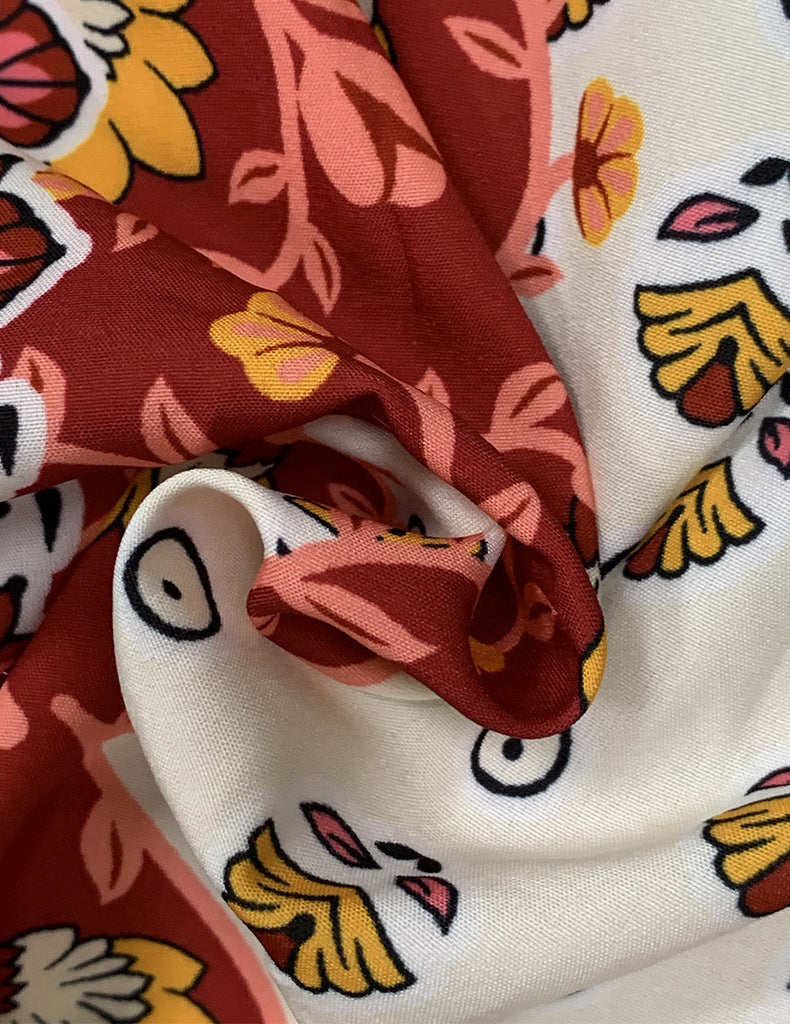 Amsoin Floral Geometric Print Single Breasted Lace Up Pocket Maxi Dress