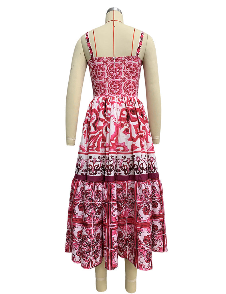 Amsoin Sexy Printed Fashion V-neck Backless High Waist Large Swing Dress