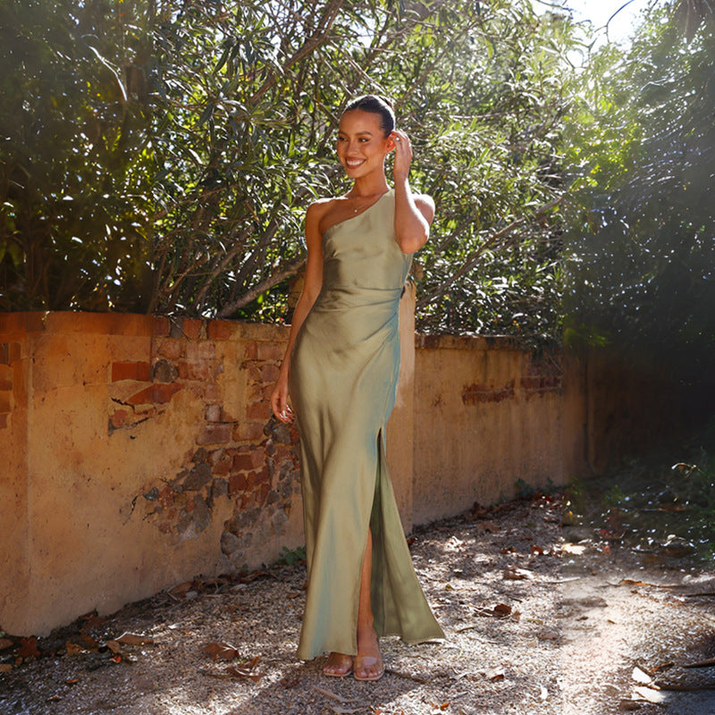 Amsoin One-Shoulder Slit Midi Satin Bodycon Dress