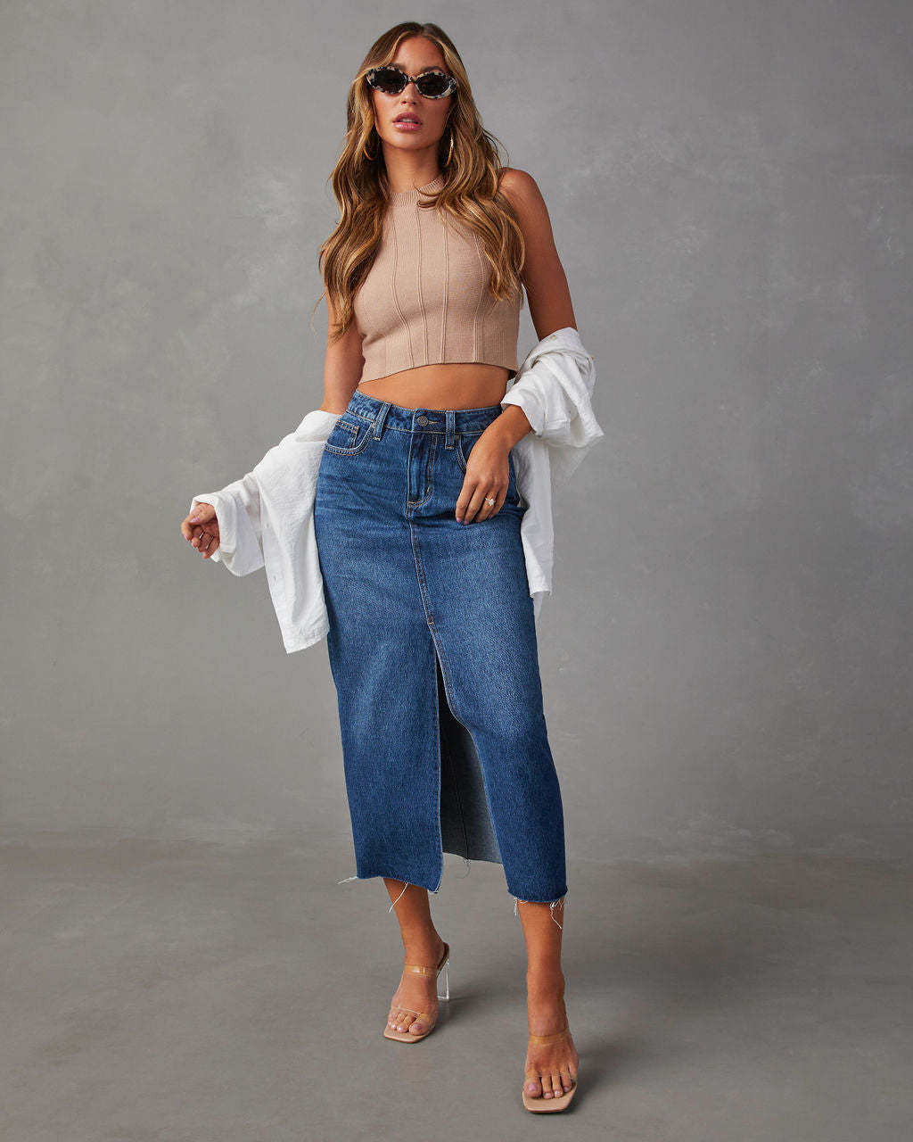 Amsoin High Waist Washed Denim Slit Midi Pencil Skirt