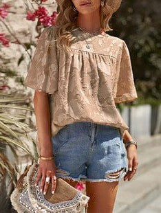V-Neck Puff Sleeve Cotton Blend Top with Short Sleeves
