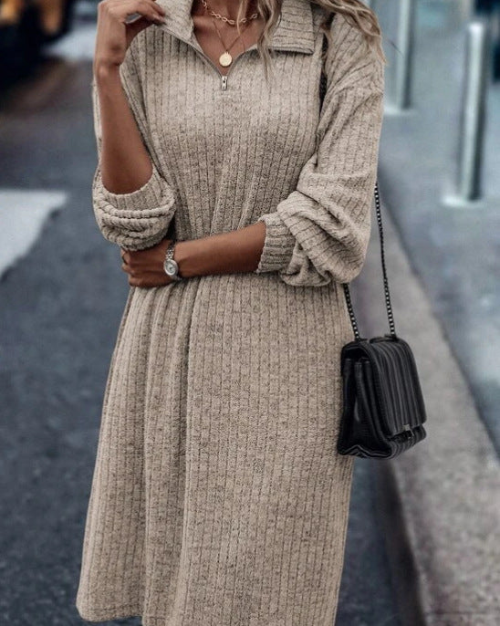 Amsoin Casual Long Sleeve V-neck Zipper Knit Dress