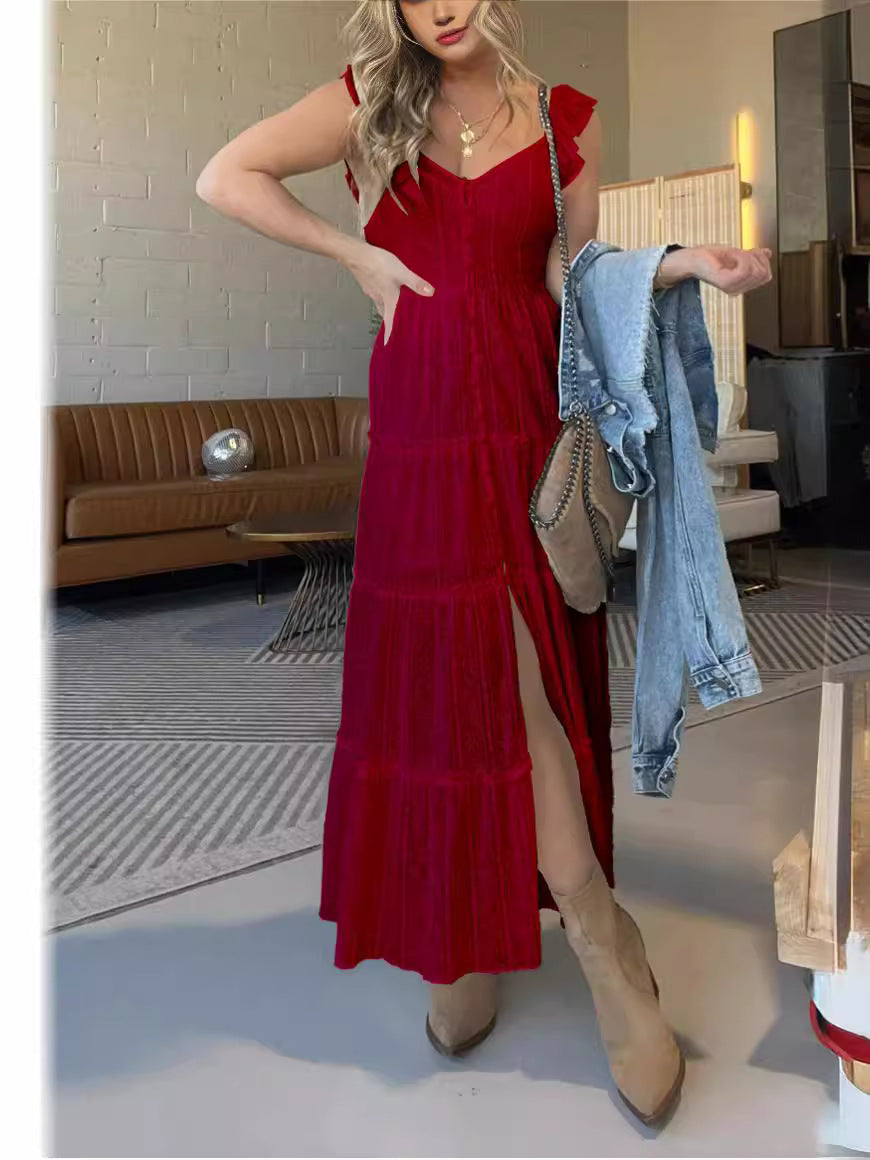 Amsoin V-neck Lace Ruffle Strap Long Dress