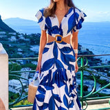 Amsoin Printed V-neck Puff Sleeve Long Sexy Waistless Dress