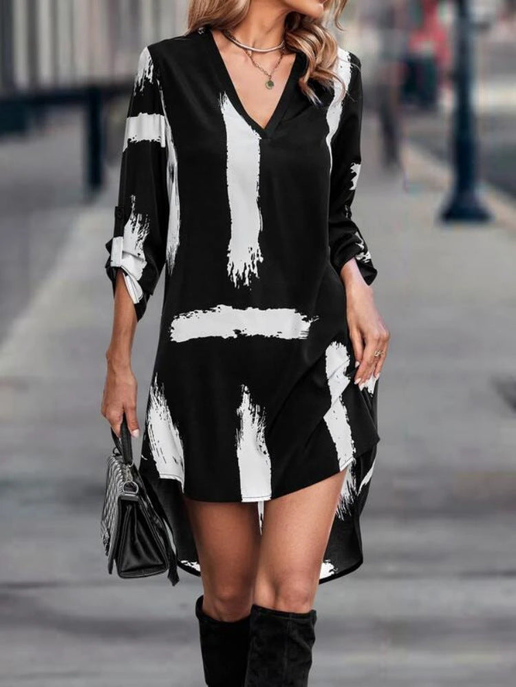 Clasi Brush Print High Low Hem Roll Up Sleeve Dress