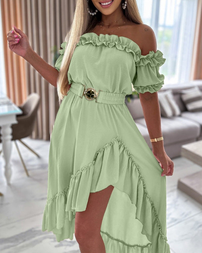 Amsoin Ruffle Frill Hem Asymmetrical Maxi Dress
