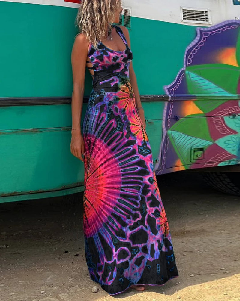 Amsoin Criss Cross Backless Tie Dye Maxi Cami Dress