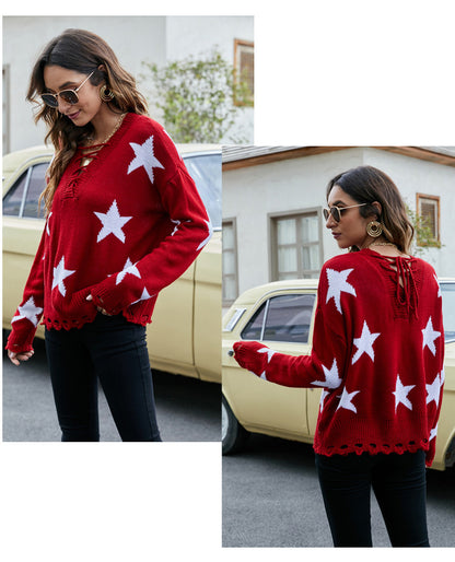 Amsoin Star Jacquard Drawstring Pullover Sweater