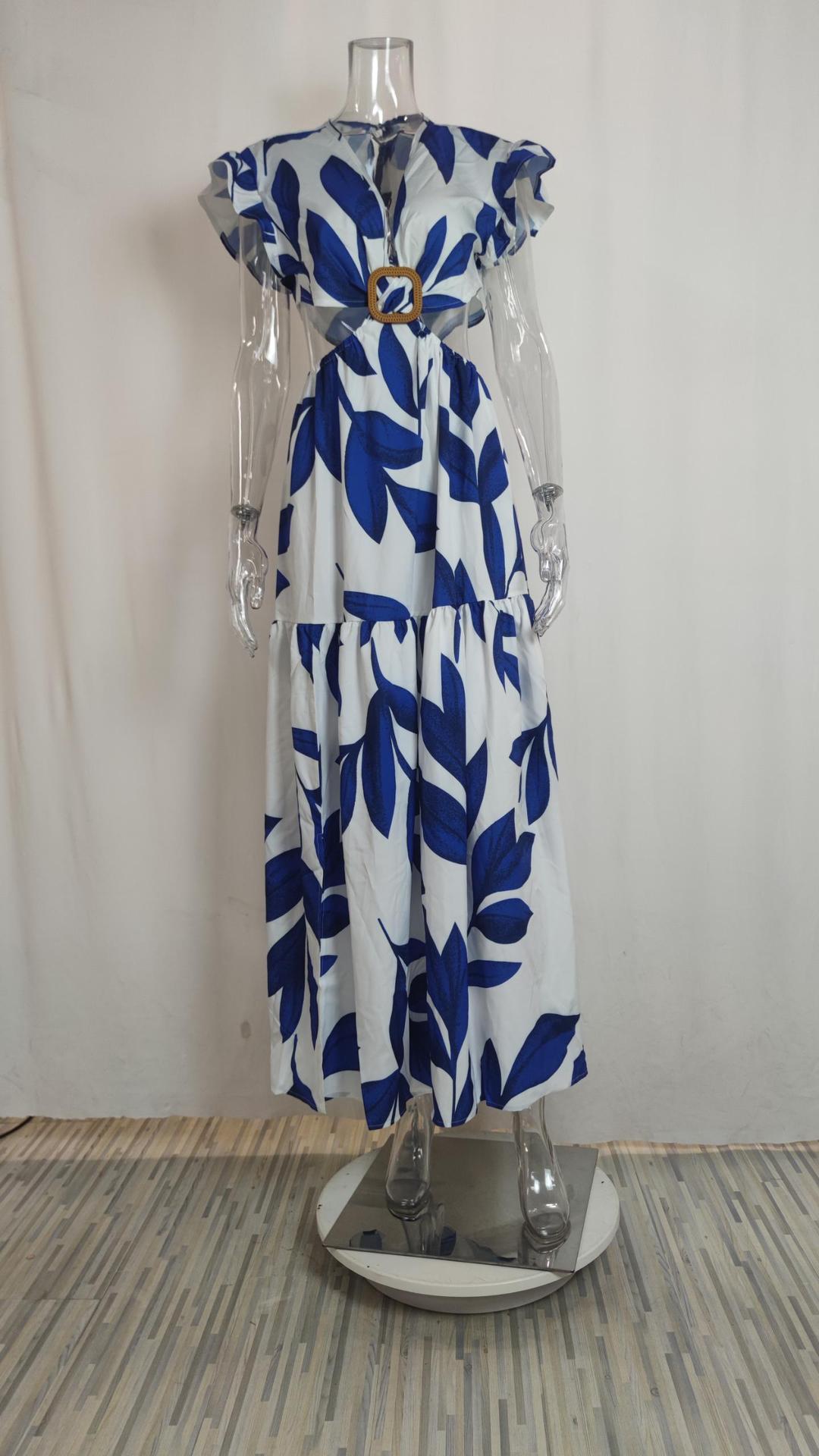 Amsoin Printed V-neck Puff Sleeve Long Sexy Waistless Dress