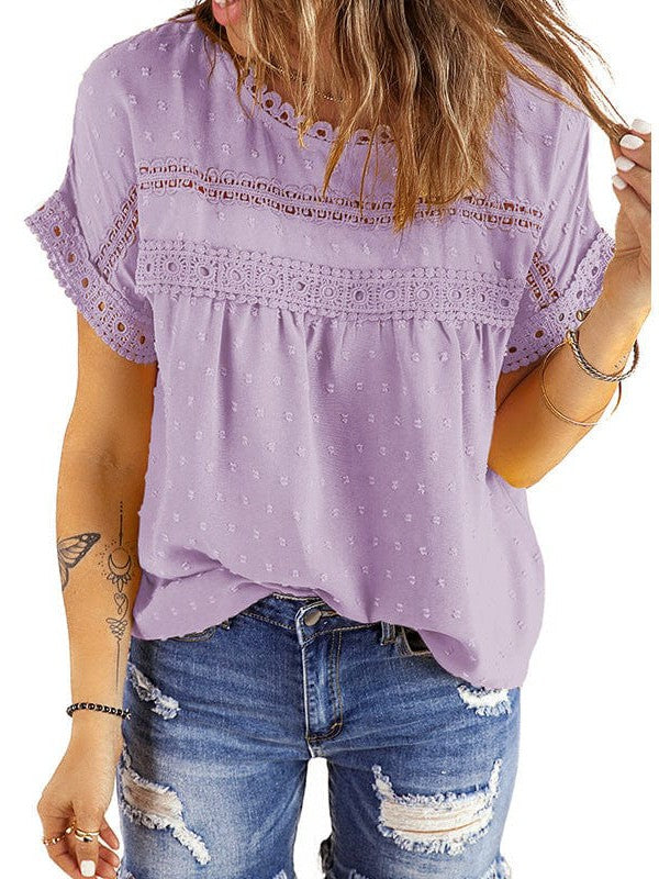 Solid Color Short Sleeve Lace Chiffon Top