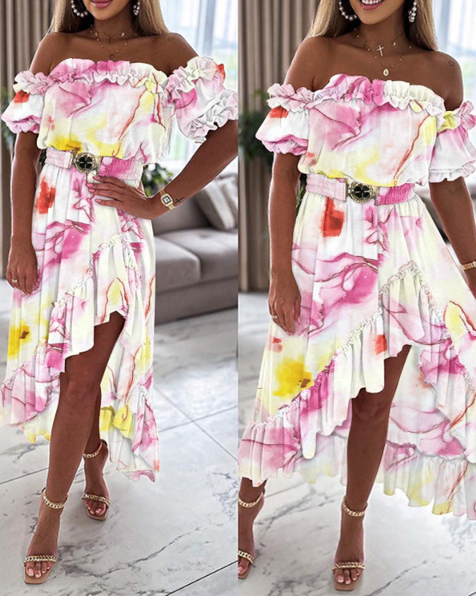 Amsoin Ruffle Frill Hem Asymmetrical Maxi Dress