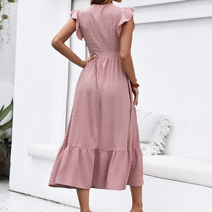 Amsoin Dot Butterfly Sleeve Ruffle Hem Dress