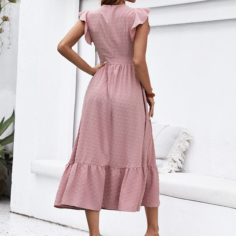Amsoin Dot Butterfly Sleeve Ruffle Hem Dress