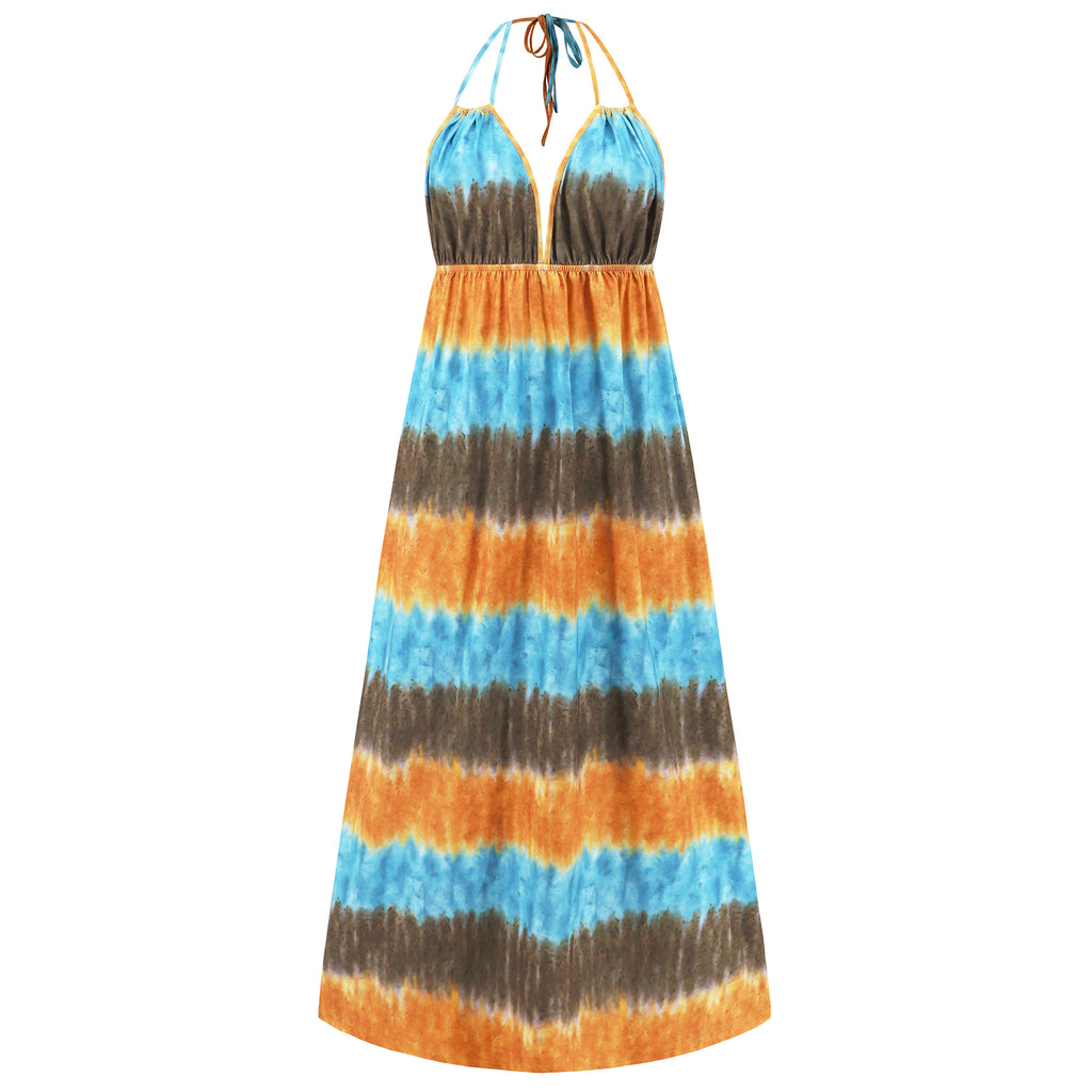 Amsoin Sexy Slim Tie Dye Strap Backless Printed Skirt Bohemian Beach Long Skirt