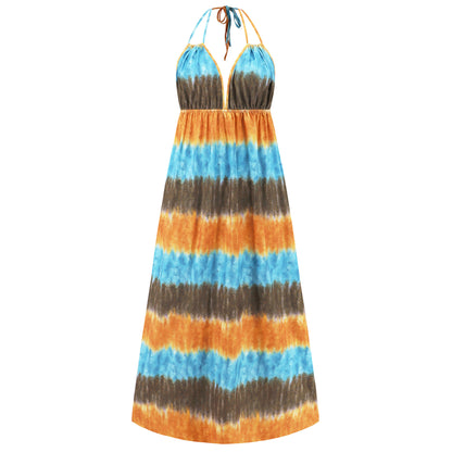 Amsoin Sexy Slim Tie Dye Strap Backless Printed Skirt Bohemian Beach Long Skirt