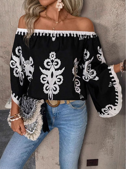 Fashion Loose Print Off-shoulder Top Women
