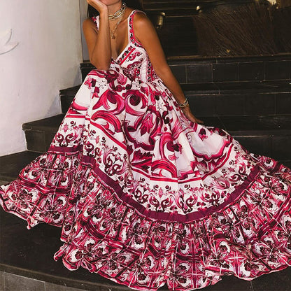 Amsoin Sexy Printed Fashion V-neck Backless High Waist Large Swing Dress