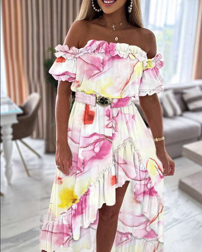 Amsoin Ruffle Frill Hem Asymmetrical Maxi Dress