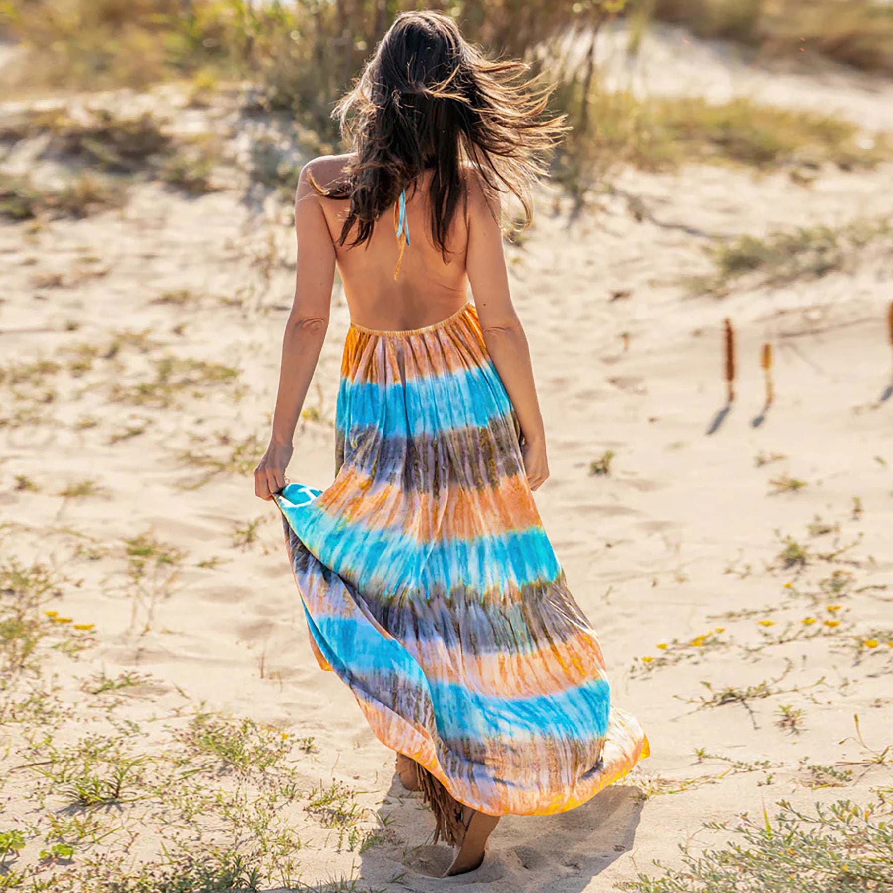 Amsoin Sexy Slim Tie Dye Strap Backless Printed Skirt Bohemian Beach Long Skirt