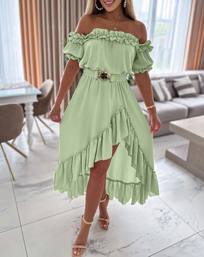 Amsoin Ruffle Frill Hem Asymmetrical Maxi Dress
