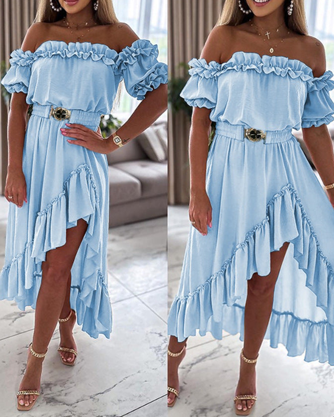 Amsoin Ruffle Frill Hem Asymmetrical Maxi Dress