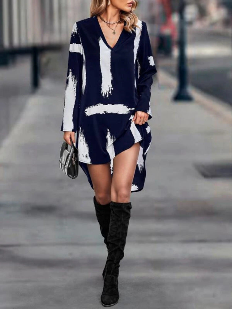 Clasi Brush Print High Low Hem Roll Up Sleeve Dress