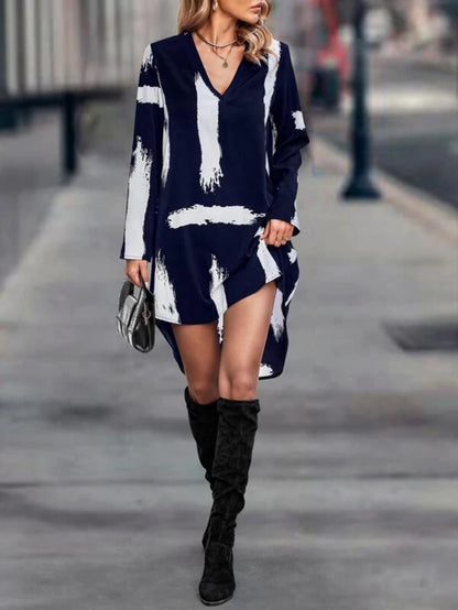Clasi Brush Print High Low Hem Roll Up Sleeve Dress