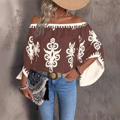 Fashion Loose Print Off-shoulder Top Women