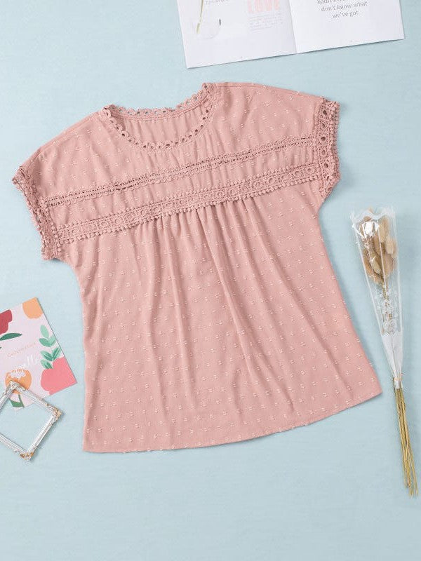 Solid Color Short Sleeve Lace Chiffon Top