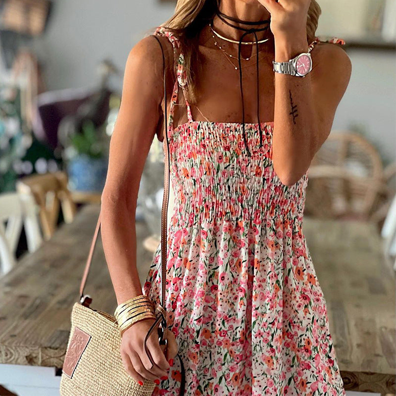 Amsoin Boho Floral Smocked Ruffled Maxi Dress