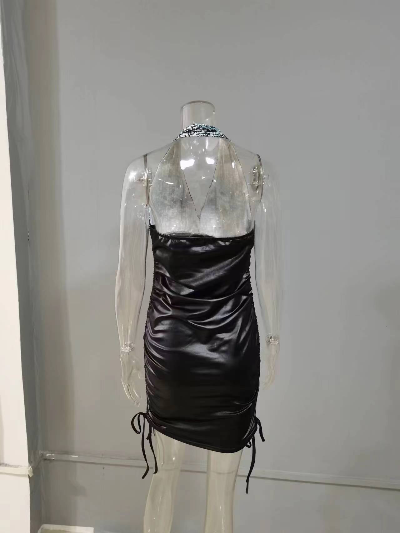 Amsoin Printed Splice Side Drawstring Faux Leather Sleeveless Dress