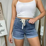 High-waist Elastic Waist Tie Denim Shorts