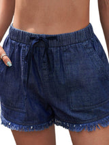 Women's High Waist Denim Shorts with Elastic Waistband and Fringed Details