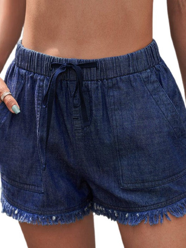 Women's High Waist Denim Shorts with Elastic Waistband and Fringed Details