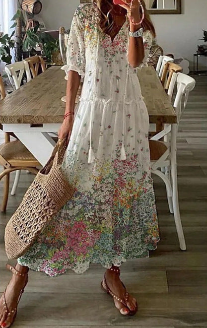 Amsoin Loose Bohemian Printed V-neck Maxi Dress