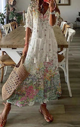 Amsoin Loose Bohemian Printed V-neck Maxi Dress