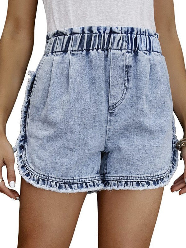 Women's High Waist Denim Shorts with Elastic Waistband and Fringed Details