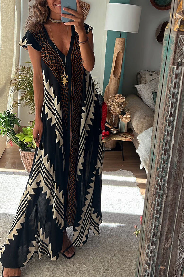 Amsoin V Neck Short Sleeve Color Block Printed  Maxi Swing Dress