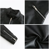 Amsoin Short Stand-Up Collar Zipped Leather Jacket