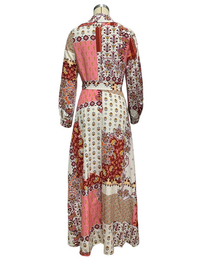 Amsoin Floral Geometric Print Single Breasted Lace Up Pocket Maxi Dress