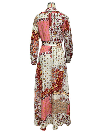 Amsoin Floral Geometric Print Single Breasted Lace Up Pocket Maxi Dress