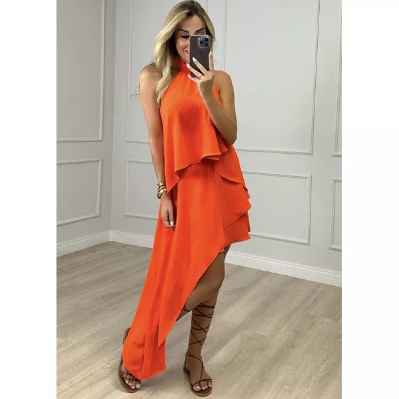 Amsoin Halter Backless Tied Detail Asymmetrical Dress