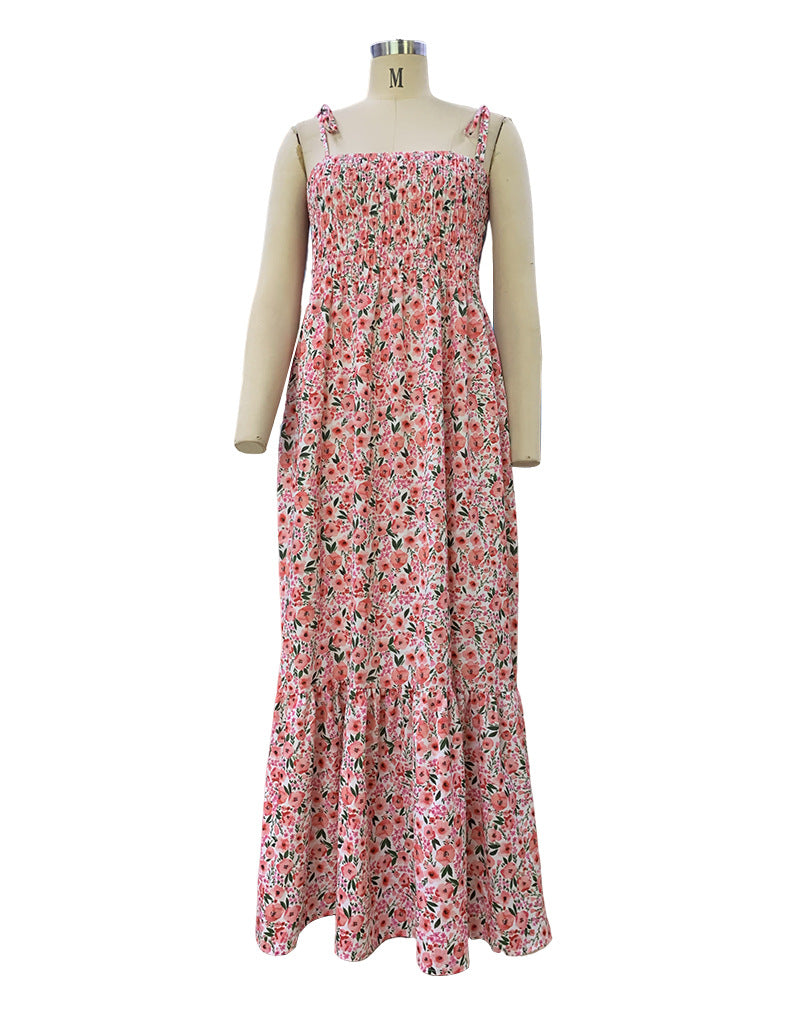 Amsoin Boho Floral Smocked Ruffled Maxi Dress