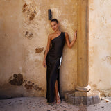 Amsoin One-Shoulder Slit Midi Satin Bodycon Dress