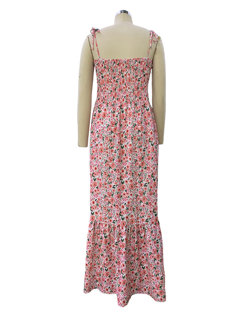 Amsoin Boho Floral Smocked Ruffled Maxi Dress