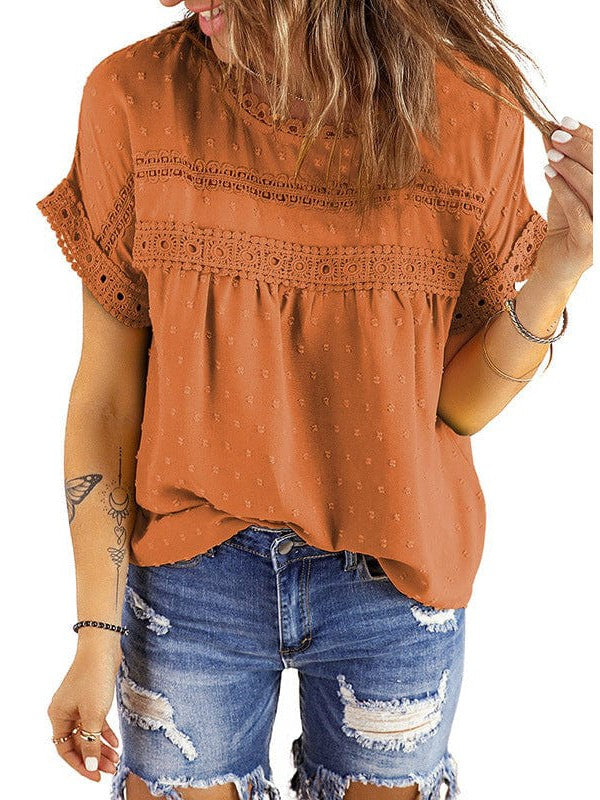 Solid Color Short Sleeve Lace Chiffon Top