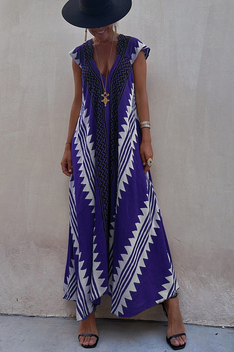 Amsoin V Neck Short Sleeve Color Block Printed  Maxi Swing Dress