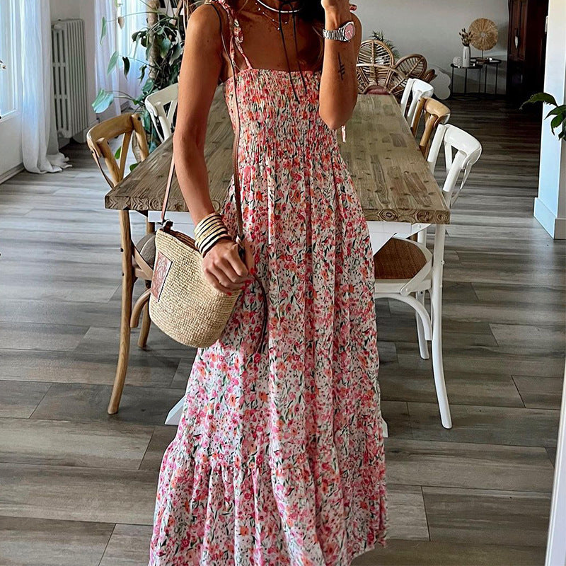 Amsoin Boho Floral Smocked Ruffled Maxi Dress