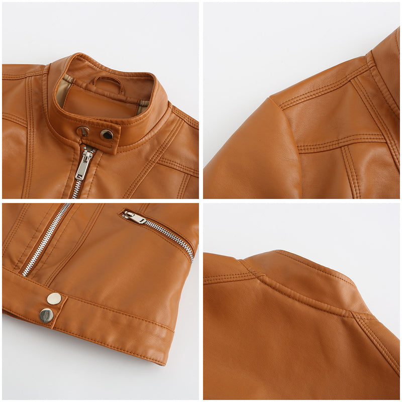Amsoin Short Stand-Up Collar Zipped Leather Jacket