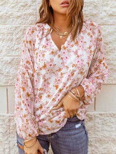 V-Neck Puff Sleeve Cotton Blend Top with Short Sleeves
